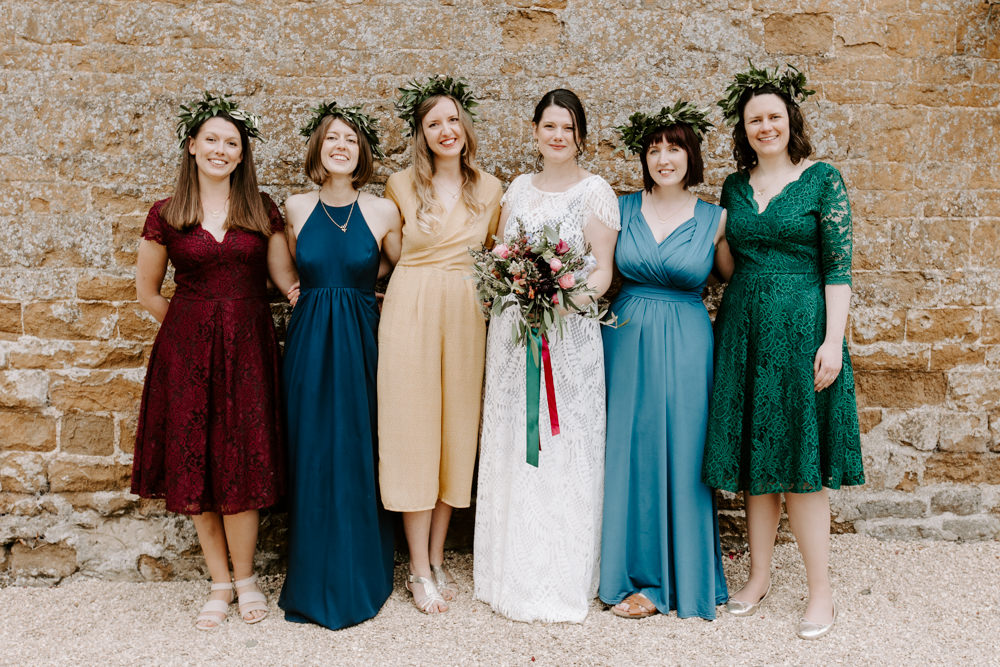 Mismatched Bridesmaid Dresses Flower Crown Laurel Farm Wedding Caroline Opacic Photography