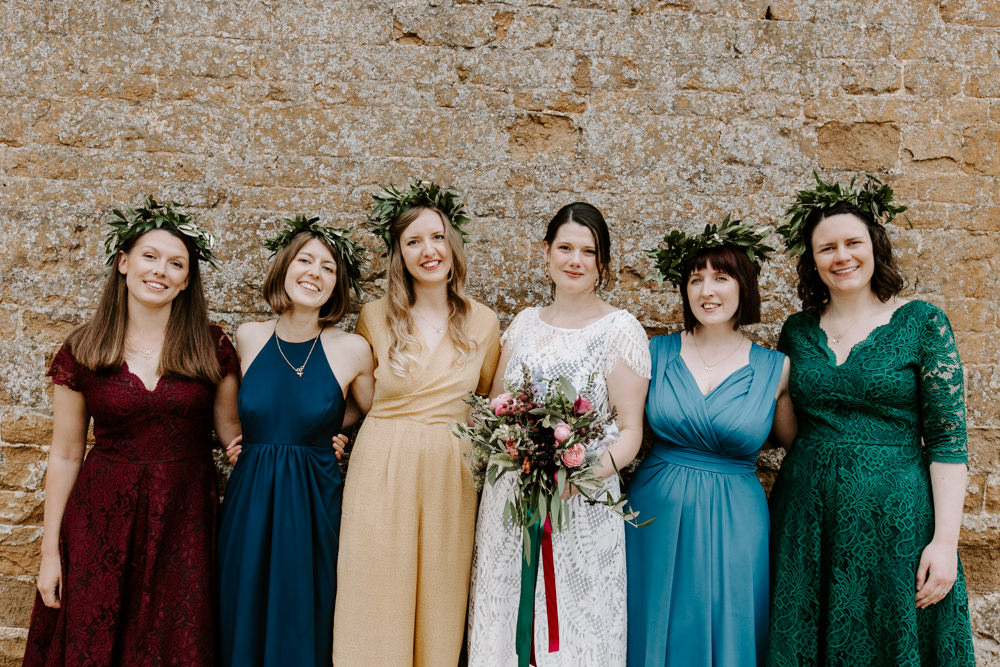 Mismatched Bridesmaid Dresses Flower Crown Laurel Farm Wedding Caroline Opacic Photography