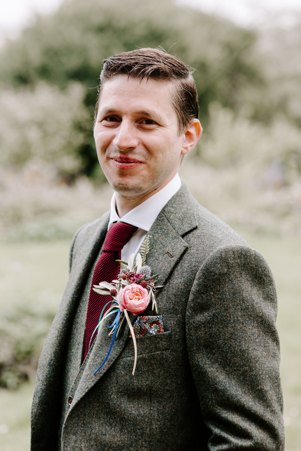 Groom Tweed Suit Red Tie Laurel Farm Wedding Caroline Opacic Photography