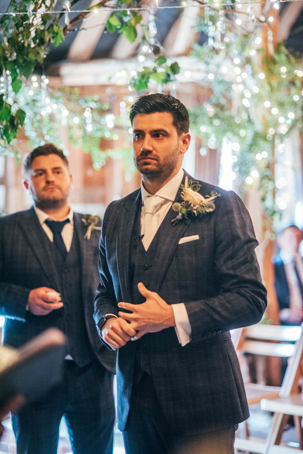 Groom Suit Navy Blue White Tie Little Tey Barn Wedding Three Flowers Photography