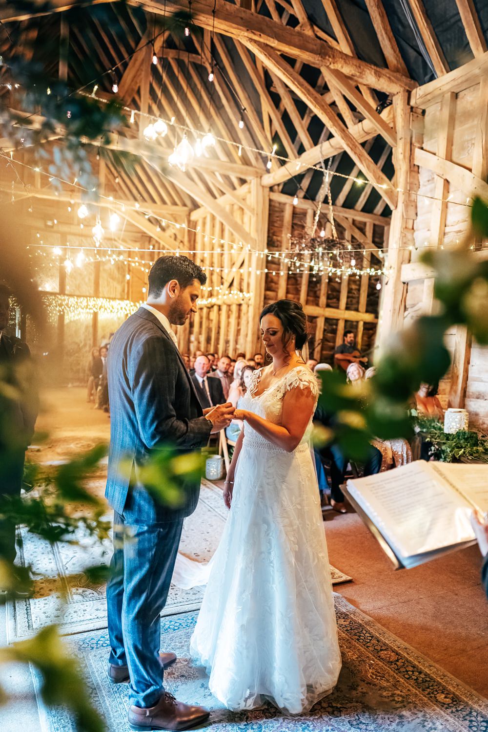 Ceremony Festoon Lights Little Tey Barn Wedding Three Flowers Photography