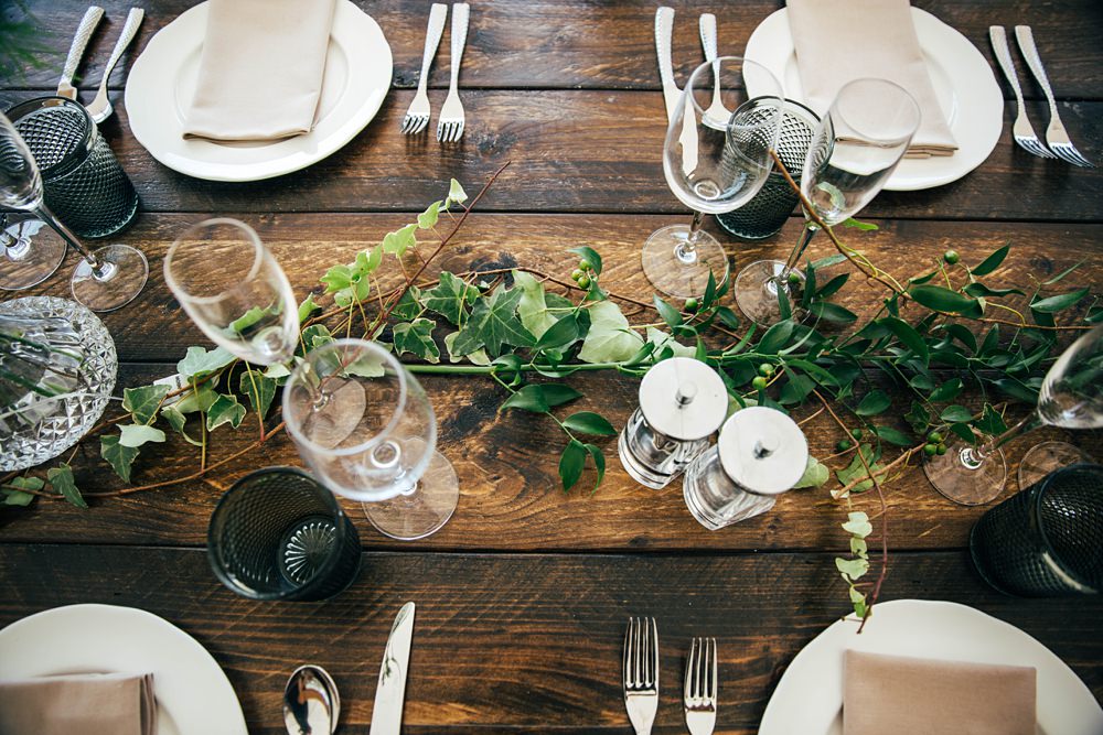 Wooden Table Decor Greenery Runner Little Tey Barn Wedding Three Flowers Photography
