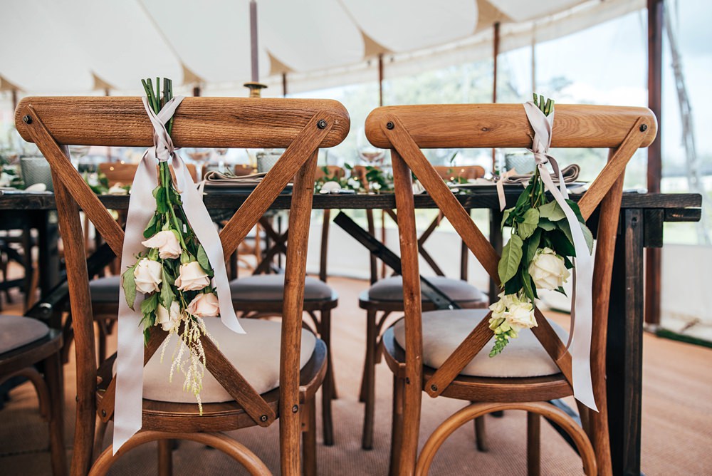 Chair Flowers Decor Little Tey Barn Wedding Three Flowers Photography