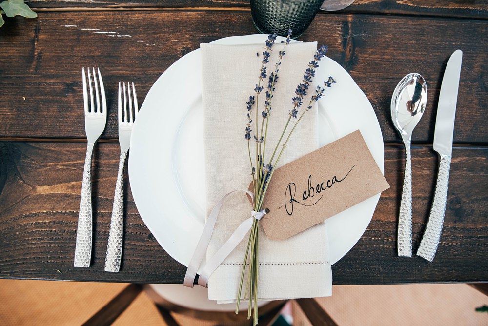 Place Setting Lavender Name Tag Little Tey Barn Wedding Three Flowers Photography