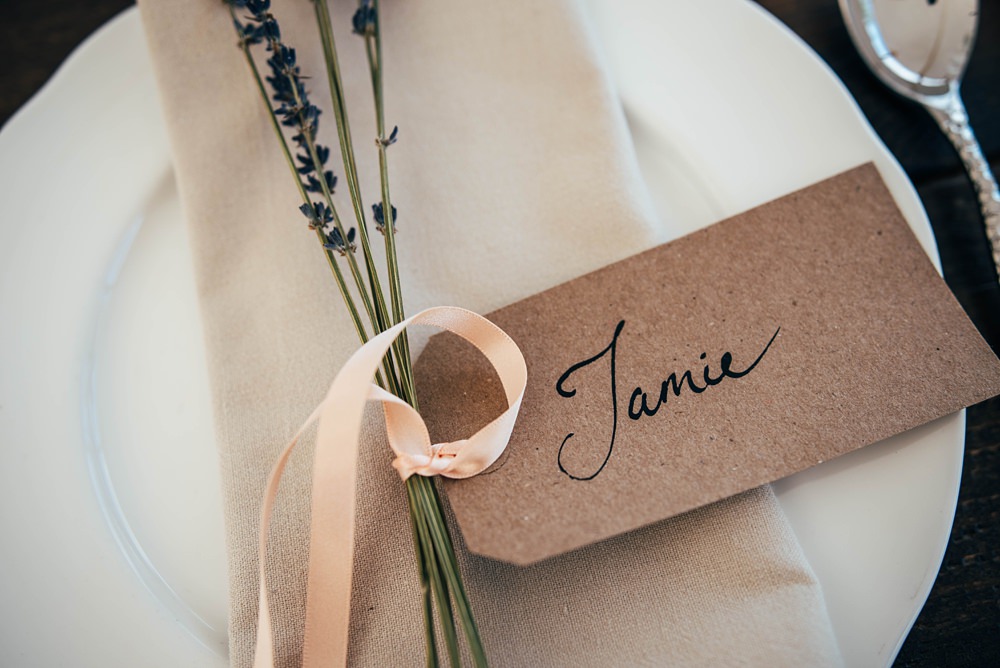Place Setting Lavender Name Tag Little Tey Barn Wedding Three Flowers Photography