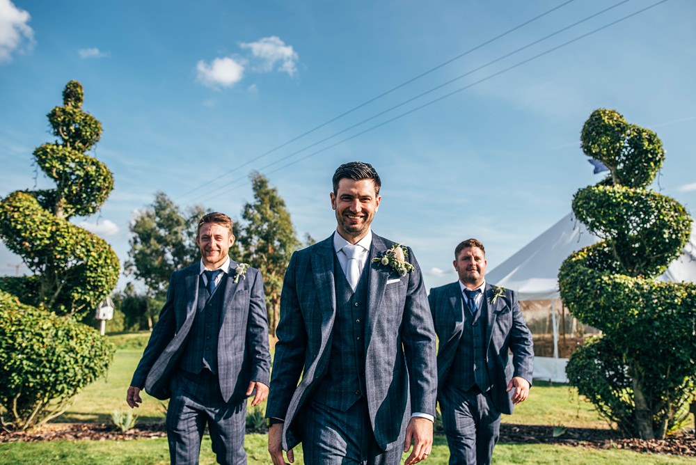 Groom Suit Navy Blue White Tie Little Tey Barn Wedding Three Flowers Photography