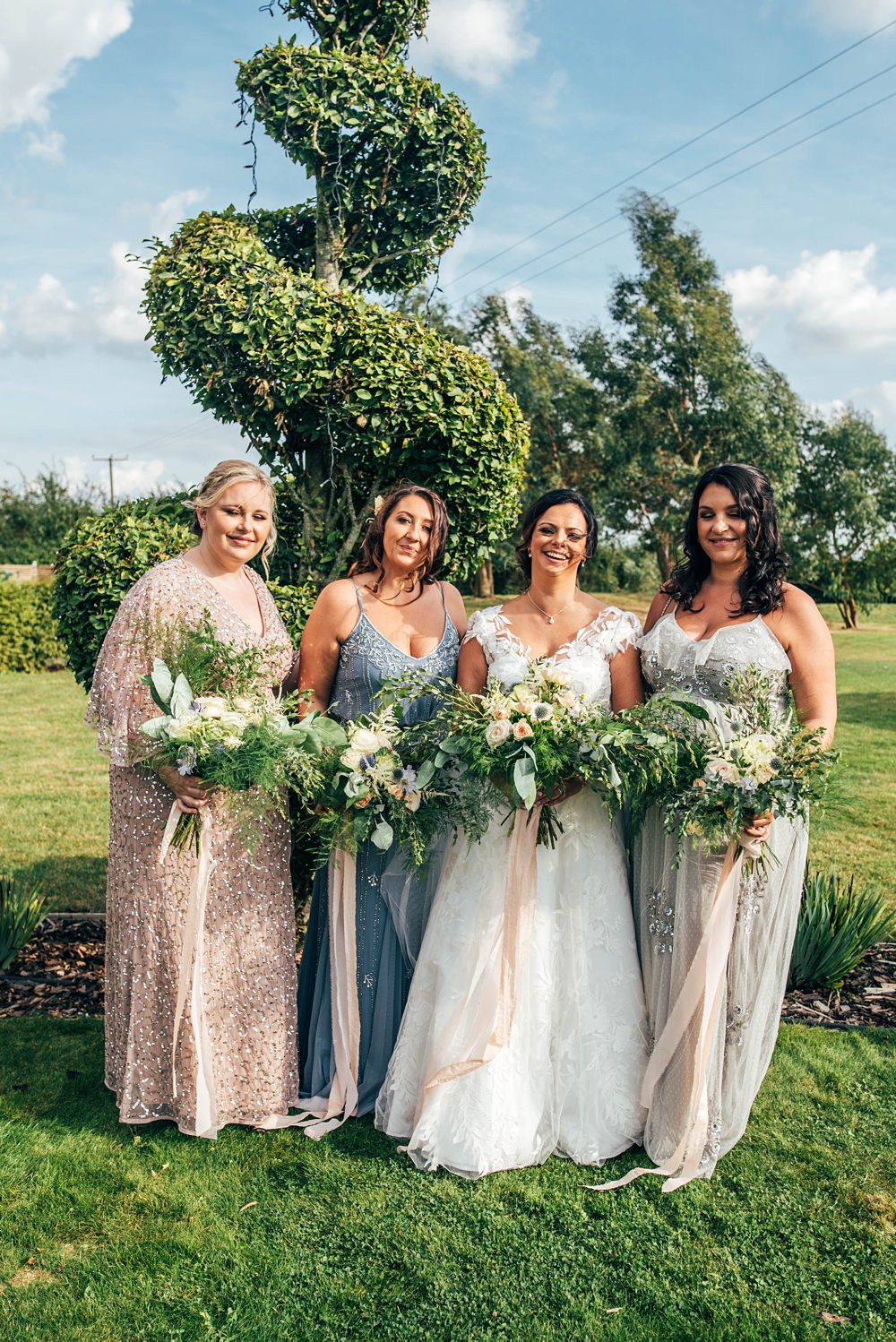 Bridesmaids Sequin Dresses Little Tey Barn Wedding Three Flowers Photography