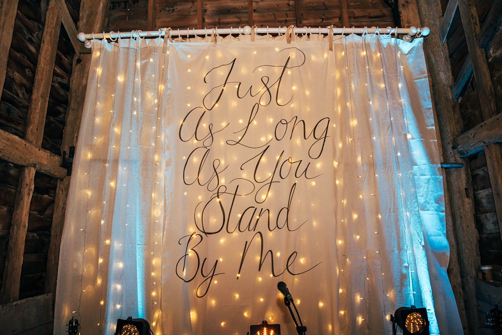 Banner Sign Dancefloor Fairy Light Curtain Little Tey Barn Wedding Three Flowers Photography