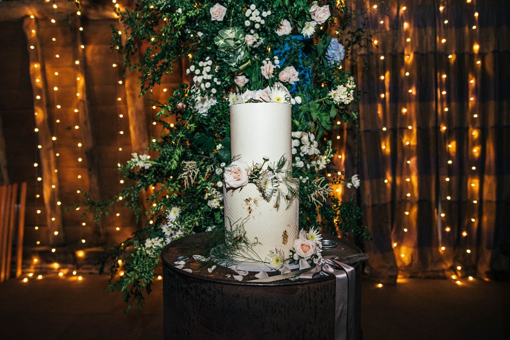 Cake Greenery Flower Backdrop Little Tey Barn Wedding Three Flowers Photography