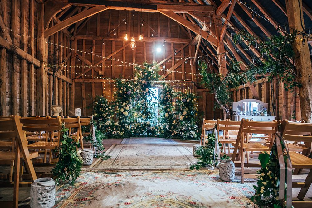 Barn Ceremony Flower Backdrop Installation Little Tey Barn Wedding Three Flowers Photography