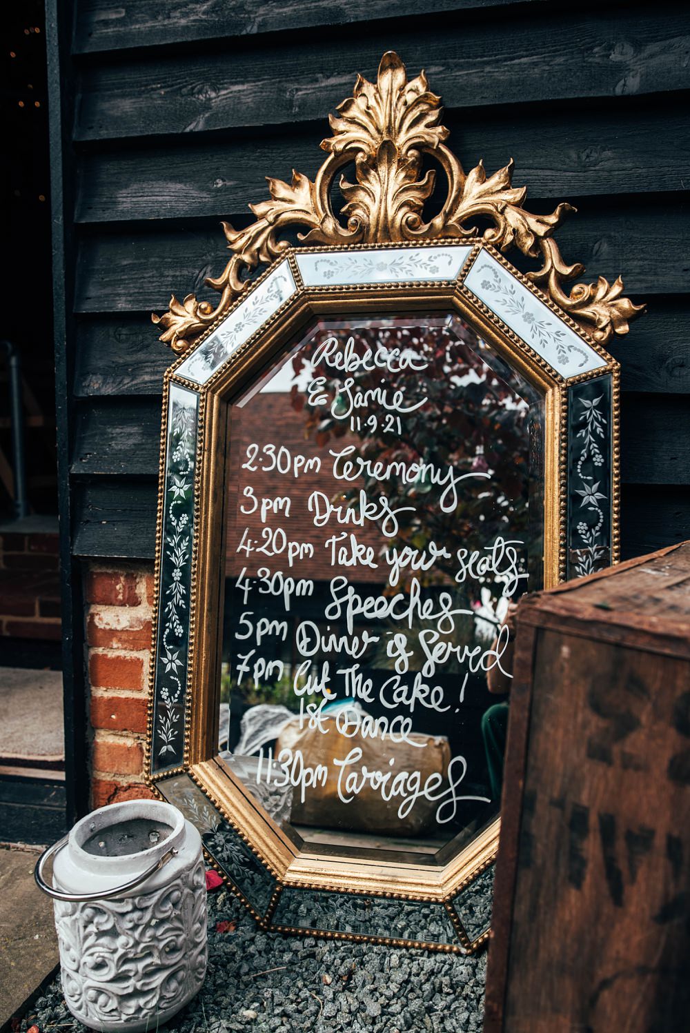 Mirror Sign Order of Day Little Tey Barn Wedding Three Flowers Photography