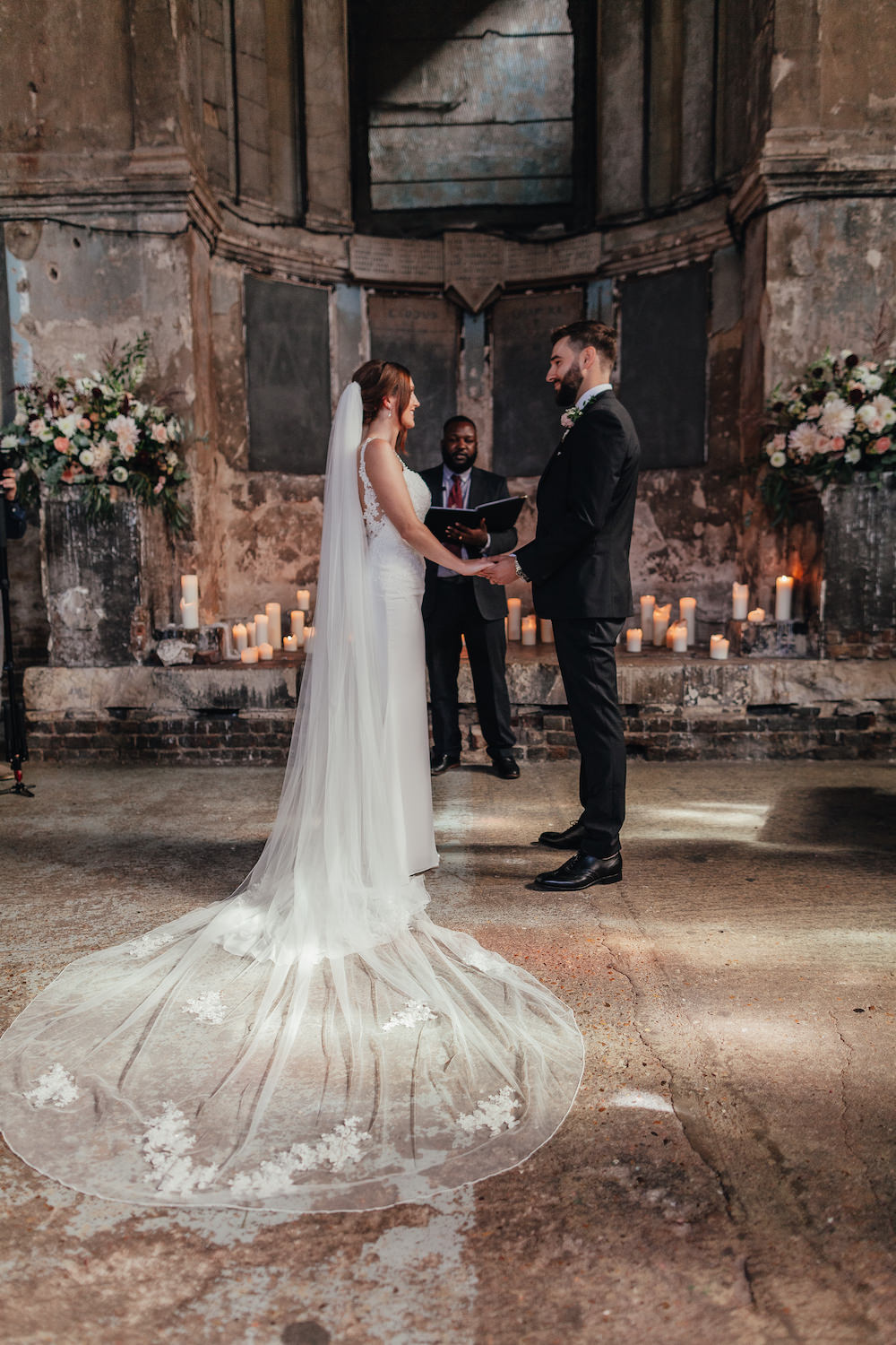 Ceremony Candles Flowers Aisle Dress Gown Bride Bridal Fitted Train Veil Lordship Pub Dulwich Wedding Lase Photography