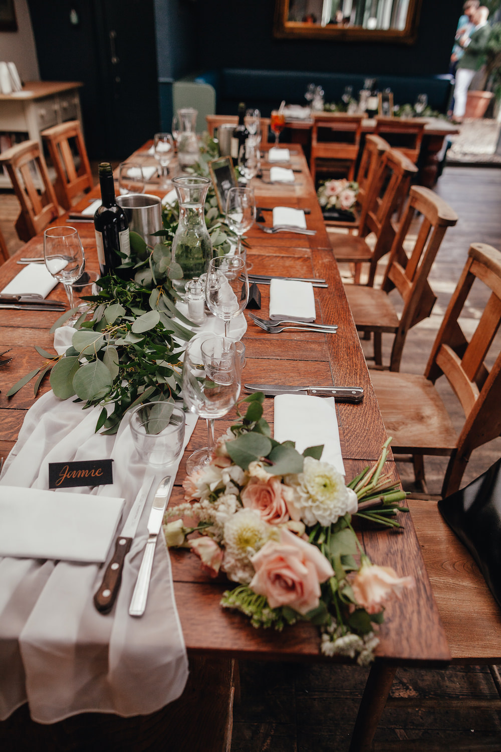 Wooden Table Decor Fabric Runner Greenery Eucalyptus Lordship Pub Dulwich Wedding Lase Photography