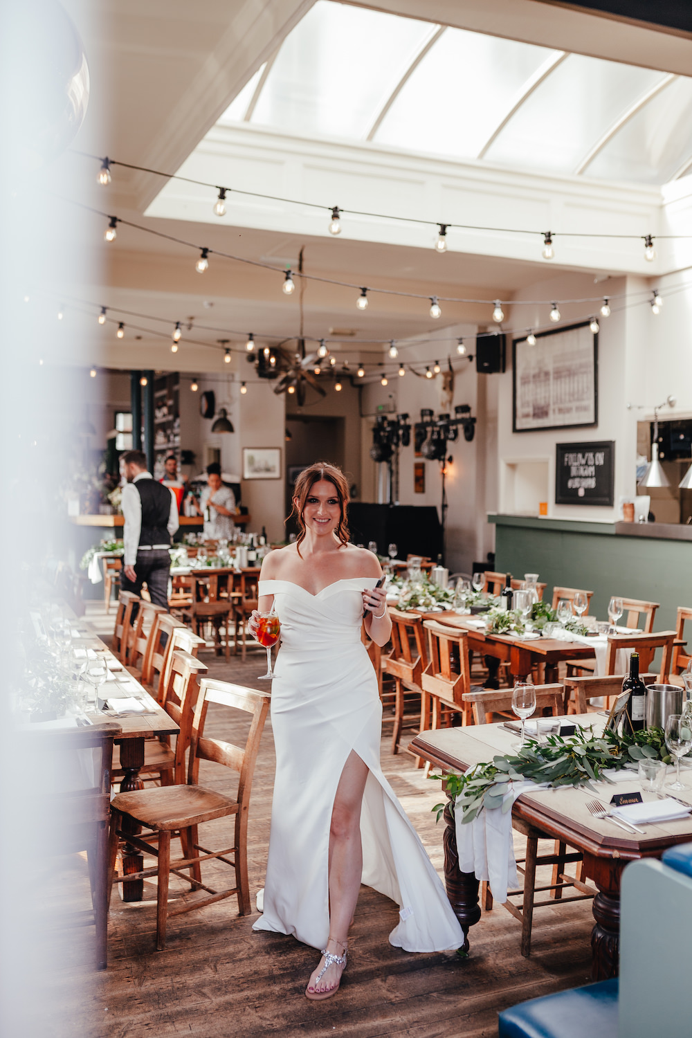 Dress Gown Bride Bridal Fitted Split Skirt Lordship Pub Dulwich Wedding Lase Photography