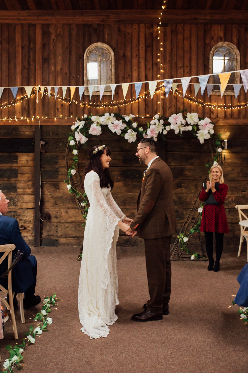 Flower Arch Ceremony Backdrop Bunting Lower Damgate Farm Wedding Anna Rose Heaton Photography