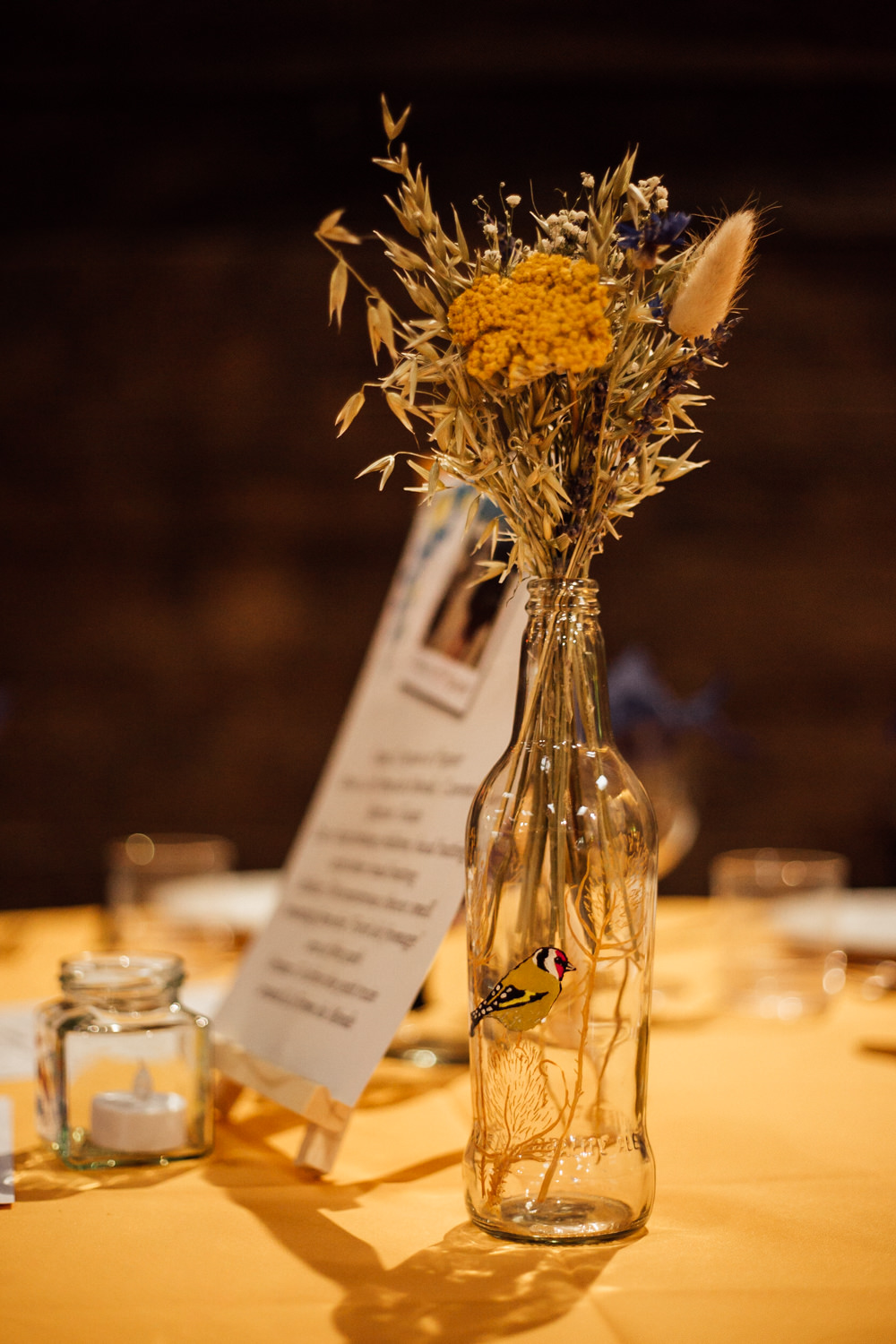 Glass Bottle Dried Flower Centrepiece Decor Lower Damgate Farm Wedding Anna Rose Heaton Photography
