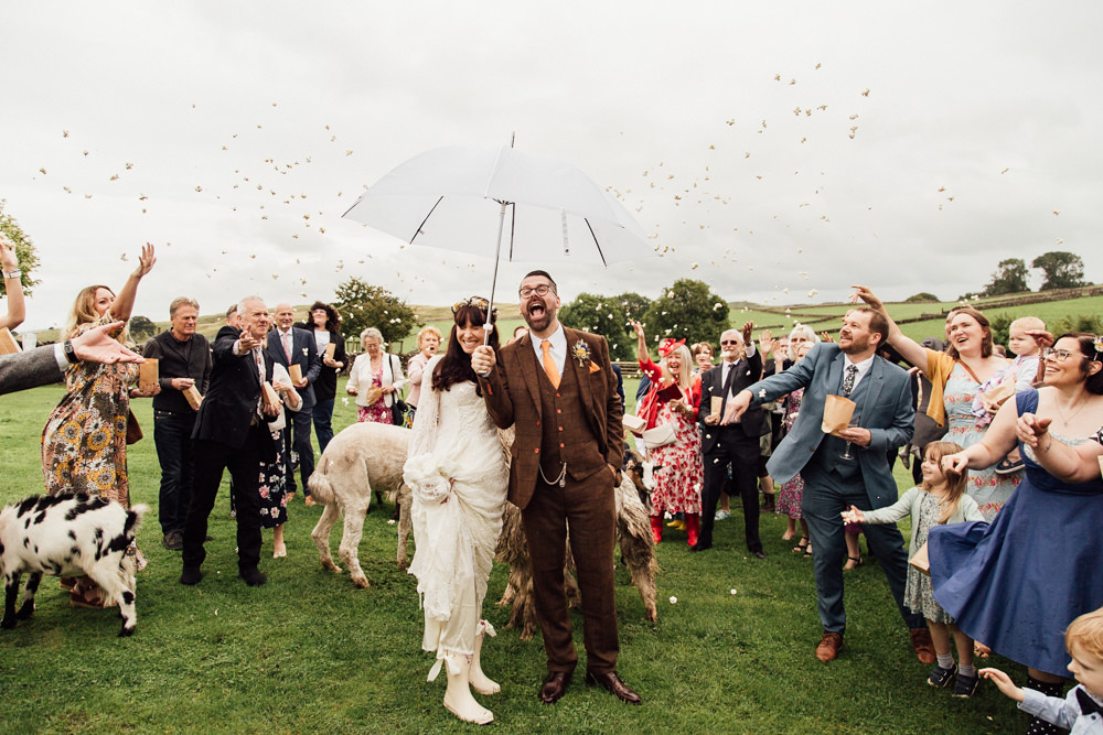 Confetti Throw Umbrella Lower Damgate Farm Wedding Anna Rose Heaton Photography