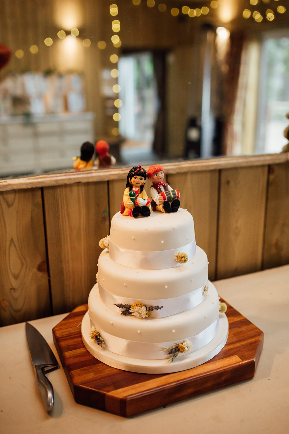 White Cake with Topper & Ribbon Lower Damgate Farm Wedding Anna Rose Heaton Photography