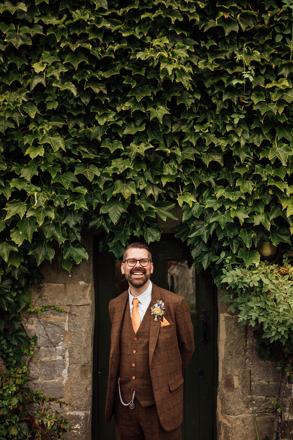 Brown Tweed Groom Suit Orange Tie Lower Damgate Farm Wedding Anna Rose Heaton Photography