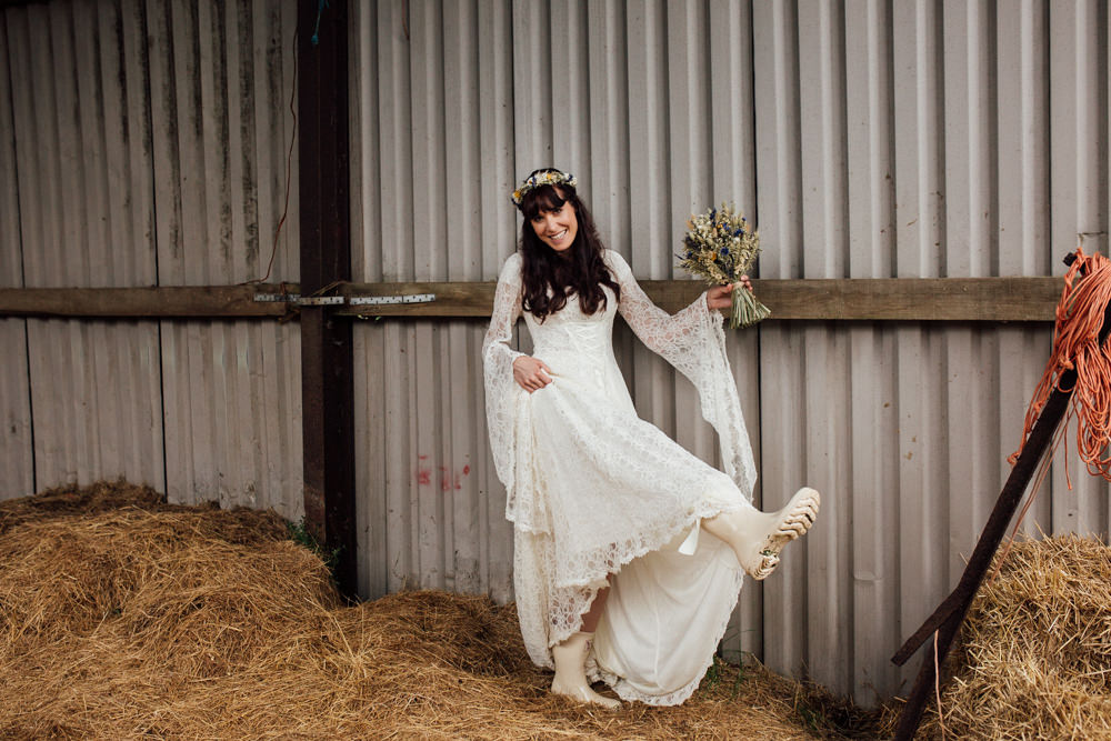 Dress Gown Bride Bridal Boho Lace Long Sleeves Lower Damgate Farm Wedding Anna Rose Heaton Photography