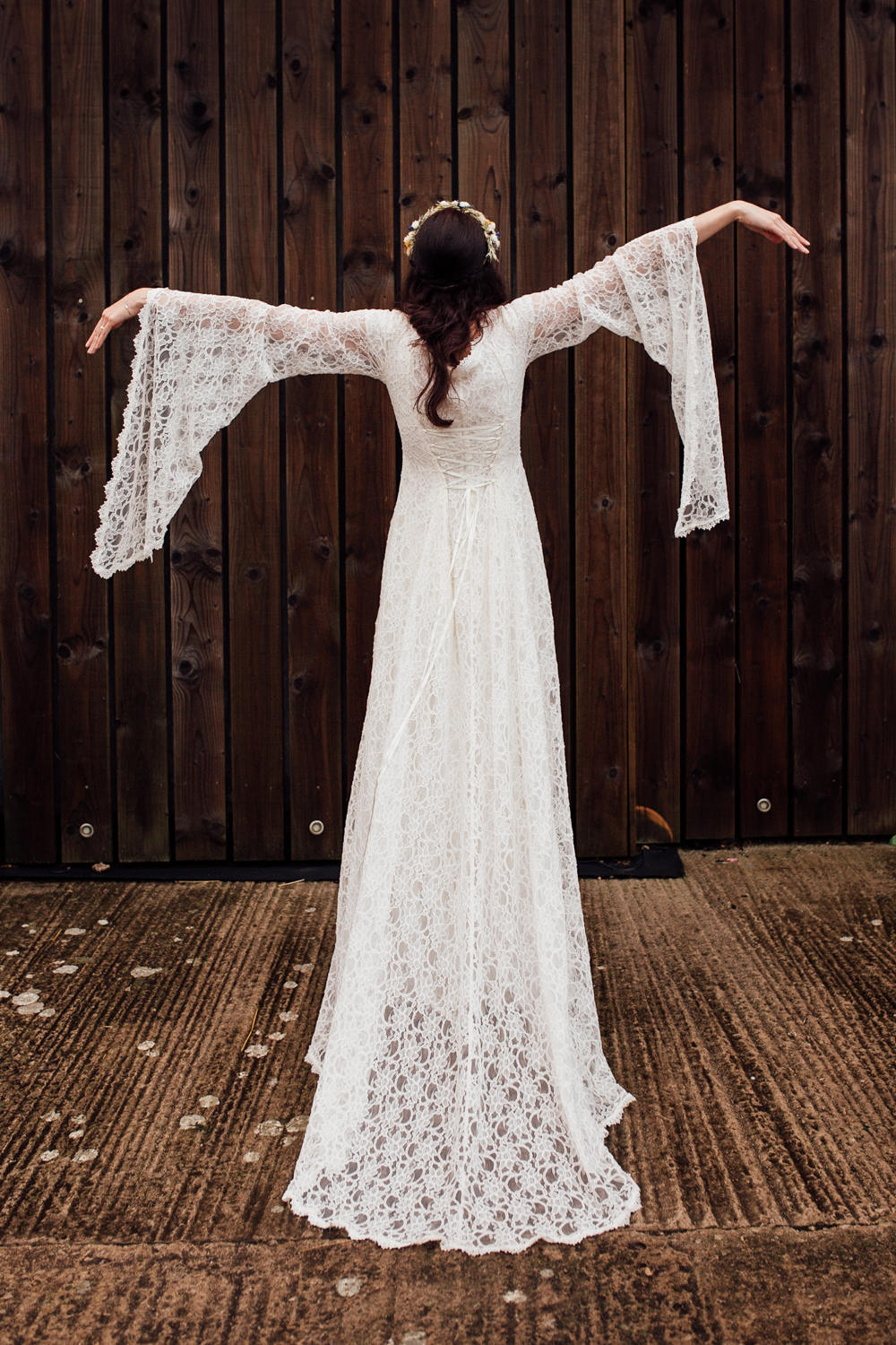 Dress Gown Bride Bridal Boho Lace Long Sleeves Lower Damgate Farm Wedding Anna Rose Heaton Photography