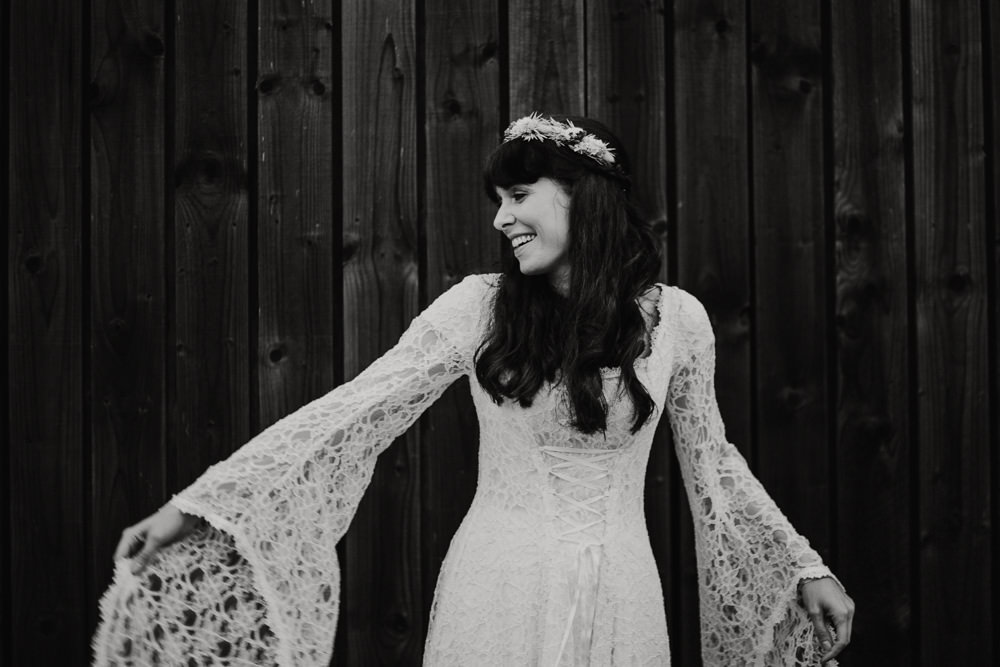 Dress Gown Bride Bridal Boho Lace Long Sleeves Lower Damgate Farm Wedding Anna Rose Heaton Photography