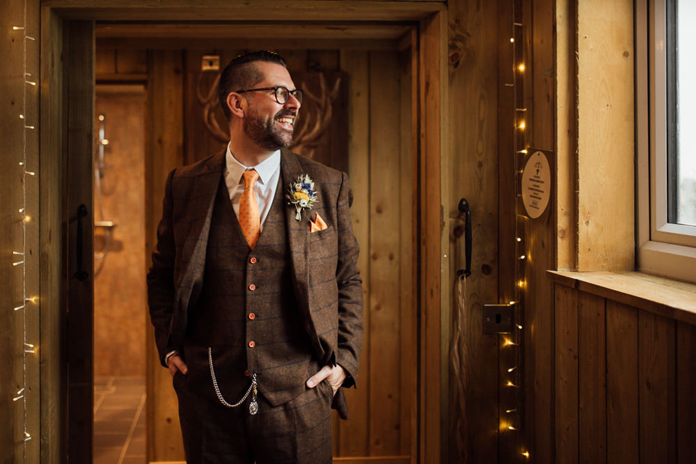 Brown Tweed Groom Suit Orange Tie Lower Damgate Farm Wedding Anna Rose Heaton Photography