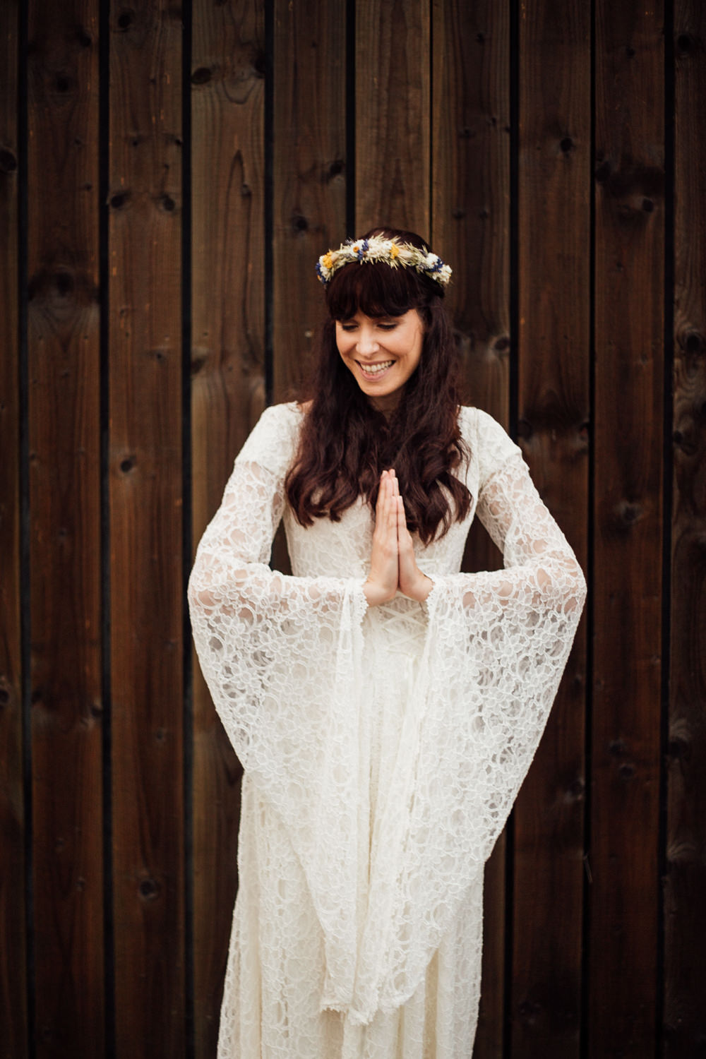 Dress Gown Bride Bridal Boho Lace Long Sleeves Lower Damgate Farm Wedding Anna Rose Heaton Photography