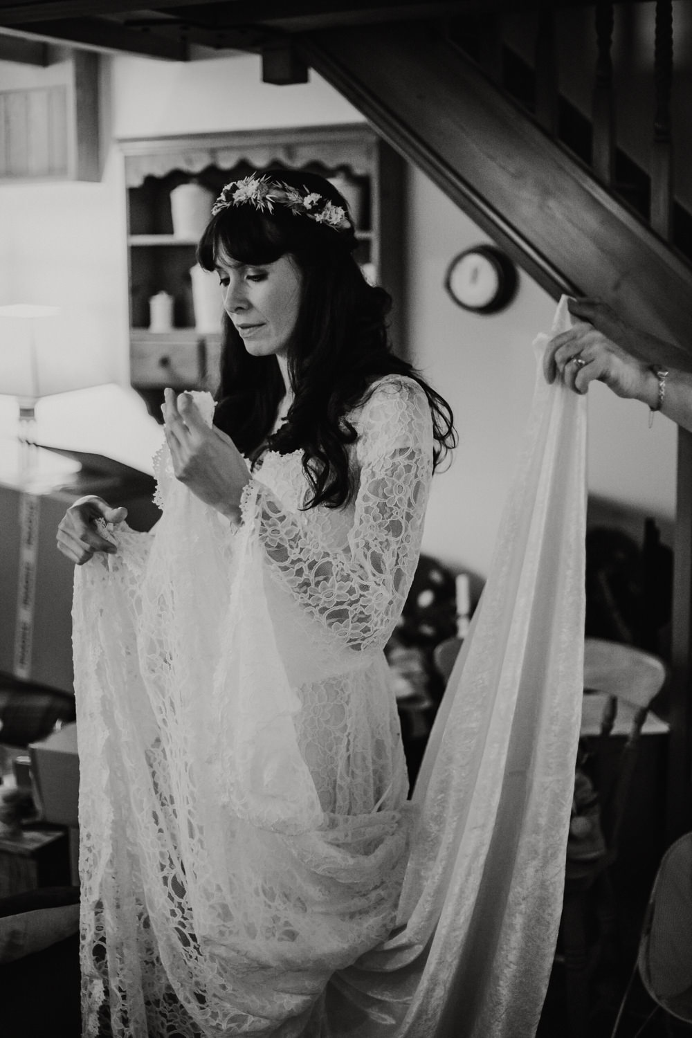 Dress Gown Bride Bridal Boho Lace Long Sleeves Lower Damgate Farm Wedding Anna Rose Heaton Photography