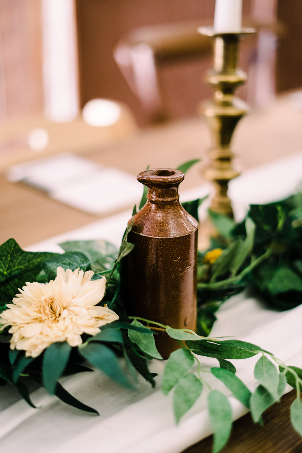 Earthenware Bottle Greenery Table Decor Swag Candlestick Luckley Farm Holidays Wedding Jade Touron Photography