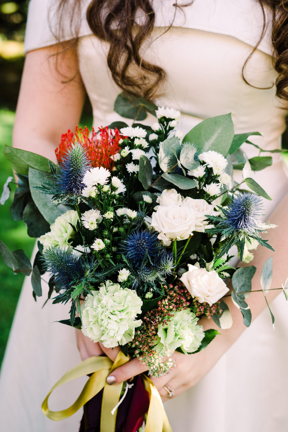 Bridal Bouquet Flowers Bride Thistle Greenery Luckley Farm Holidays Wedding Jade Touron Photography