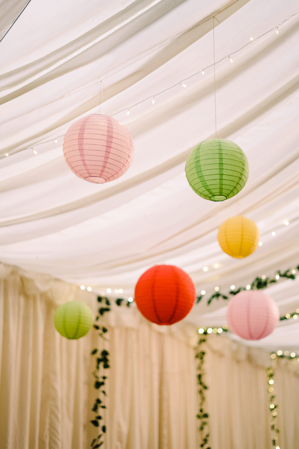 Colourful Lanterns Fairy Lights Marquee Decor Luckley Farm Holidays Wedding Jade Touron Photography