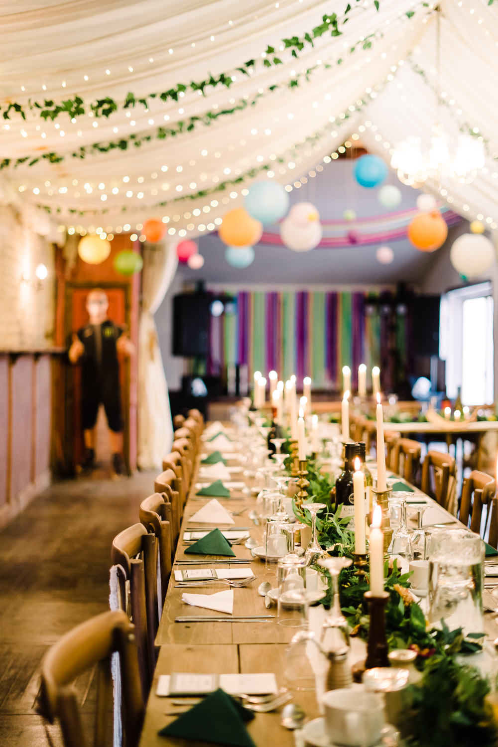 Colourful Lanterns Fairy Lights Marquee Decor Table Luckley Farm Holidays Wedding Jade Touron Photography