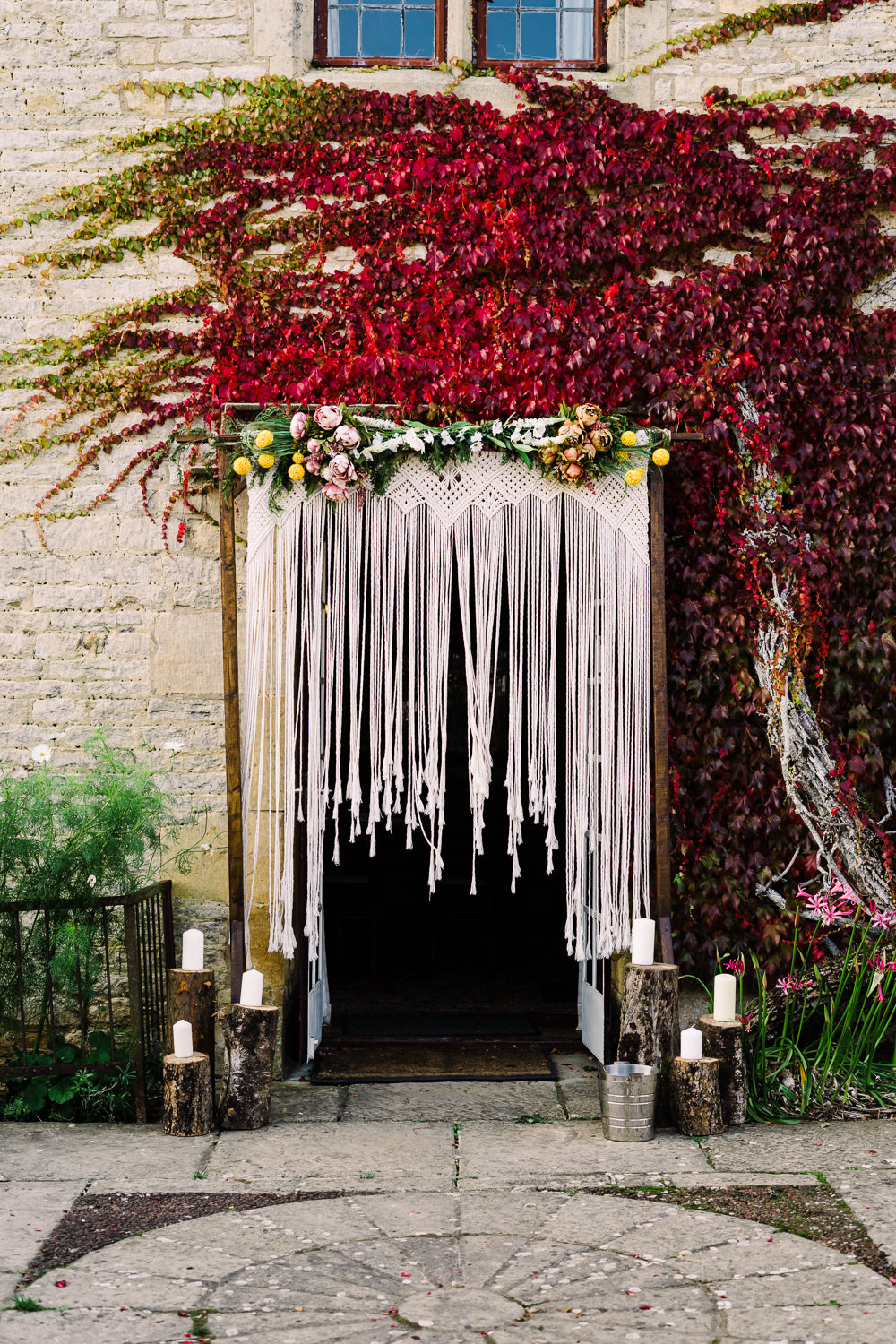 Macrame Backdrop Candles Flowers Luckley Farm Holidays Wedding Jade Touron Photography