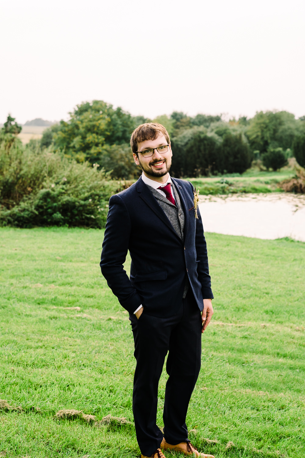 Groom Navy Suit Grey Waistcoat Red tie Luckley Farm Holidays Wedding Jade Touron Photography