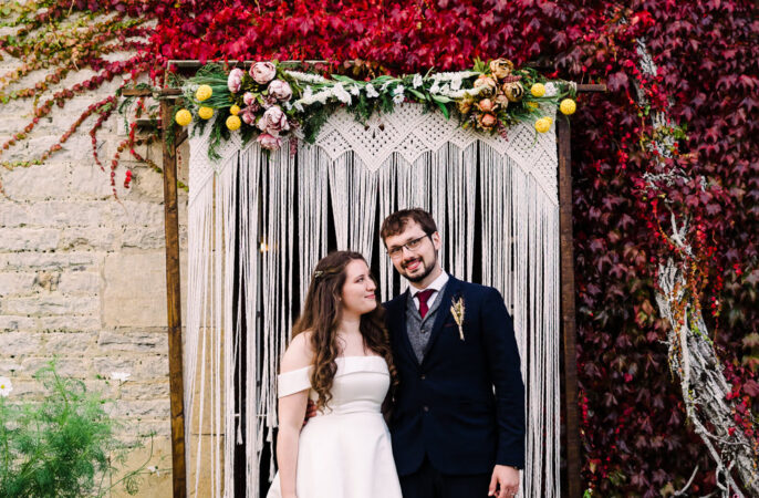 Luckley Farm Holidays Wedding Jade Touron Photography Macrame Backdrop Candles Flowers