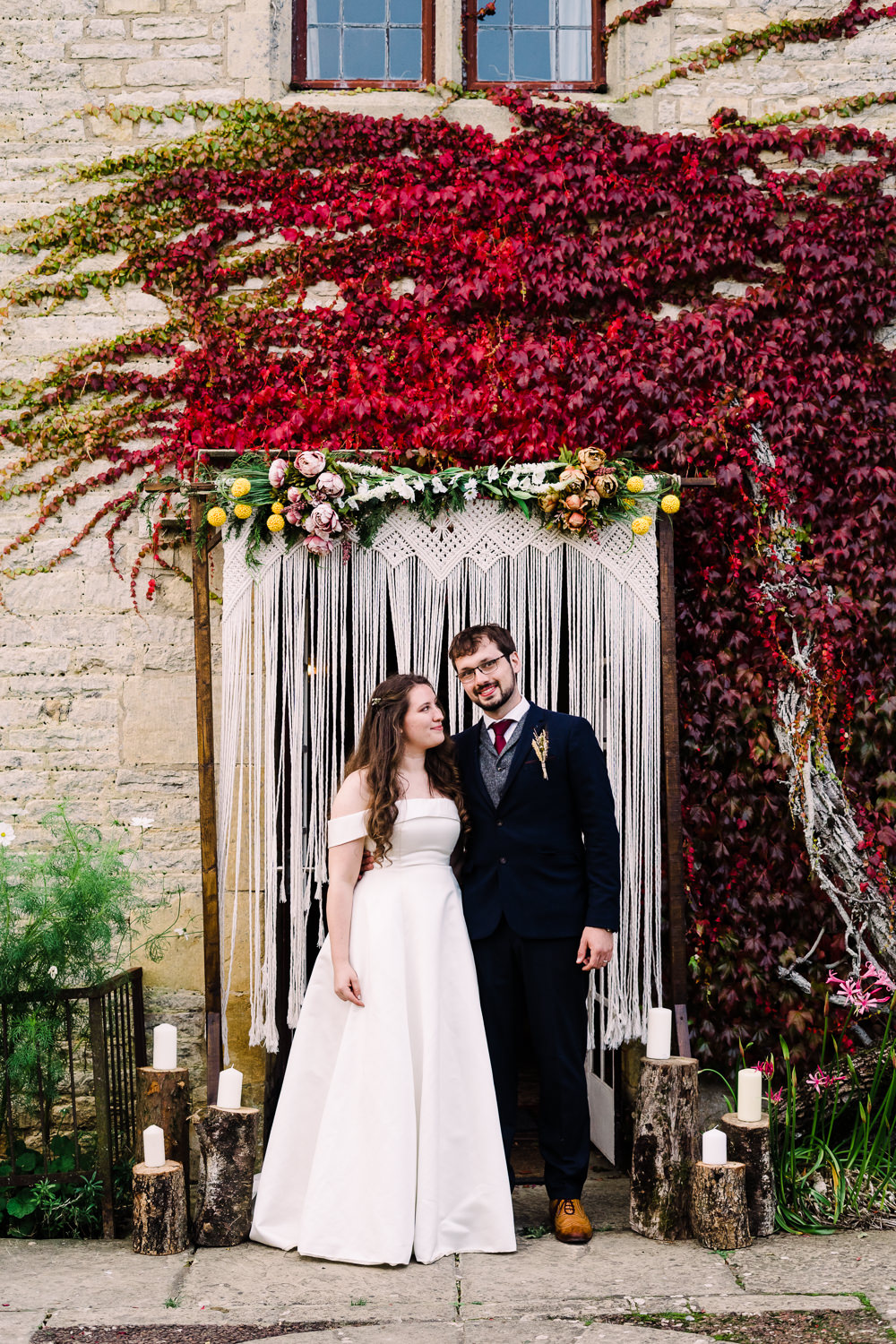 Luckley Farm Holidays Wedding Jade Touron Photography Macrame Backdrop Candles Flowers