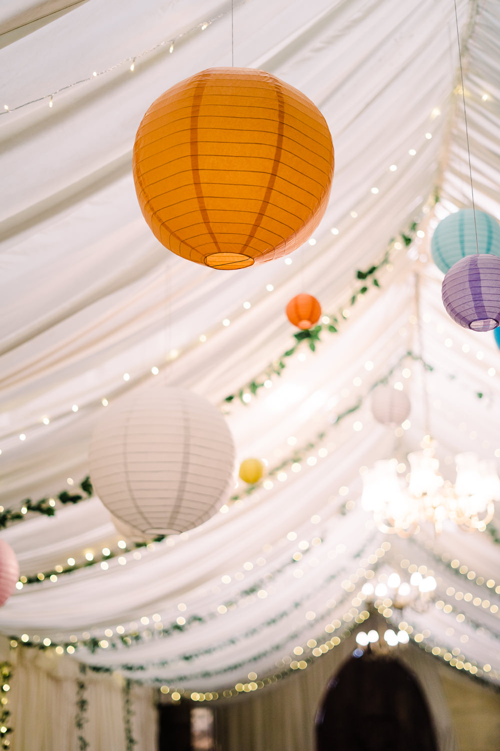Colourful Lanterns Fairy Lights Marquee Decor Luckley Farm Holidays Wedding Jade Touron Photography