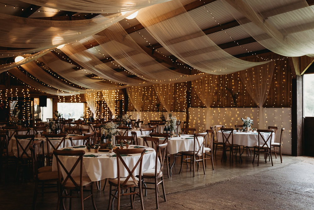 Barn Drapes Fairy Lights Round Tables Decor Milton Keynes Wedding Thyme Lane Photography