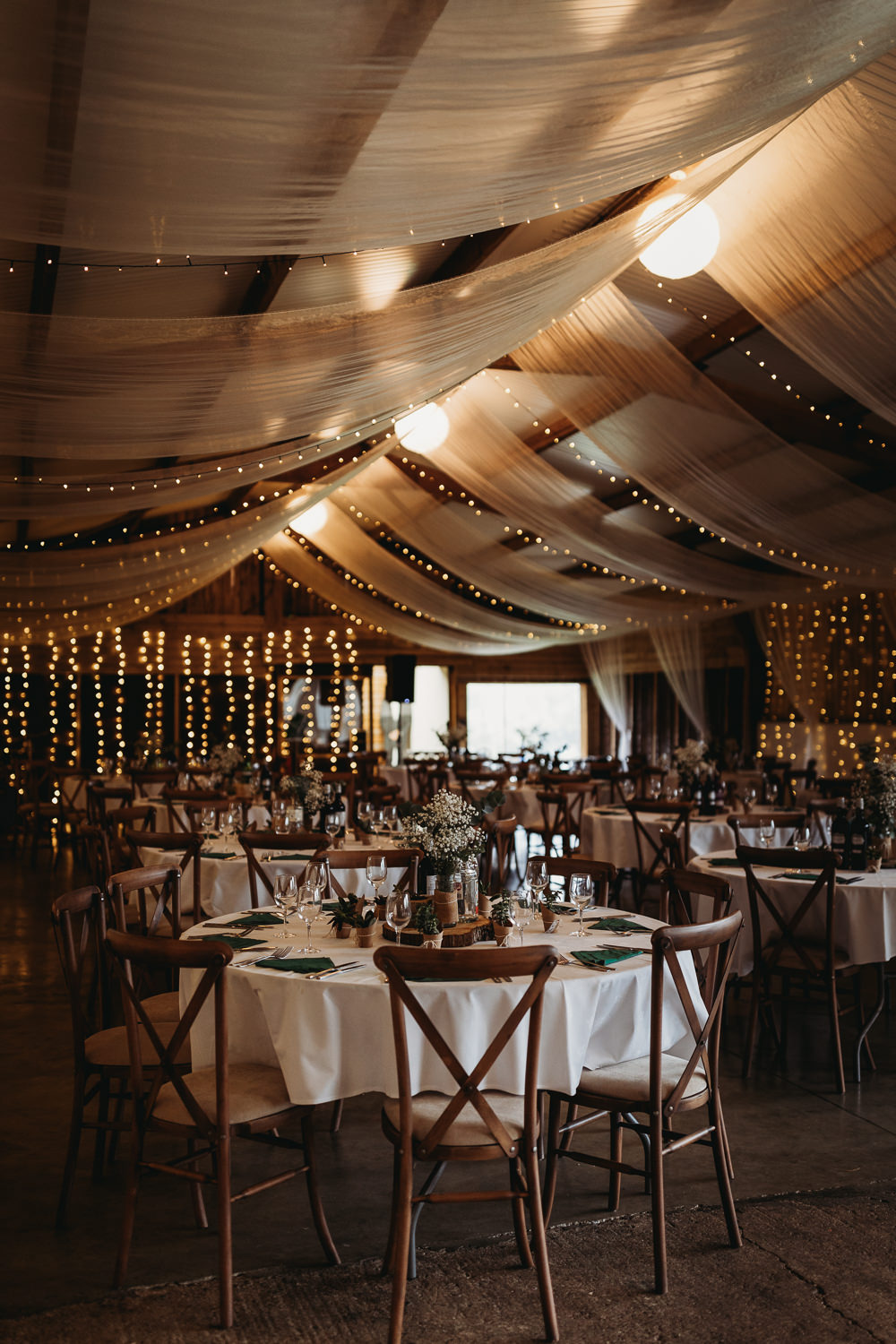 Barn Drapes Fairy Lights Round Tables Decor Milton Keynes Wedding Thyme Lane Photography