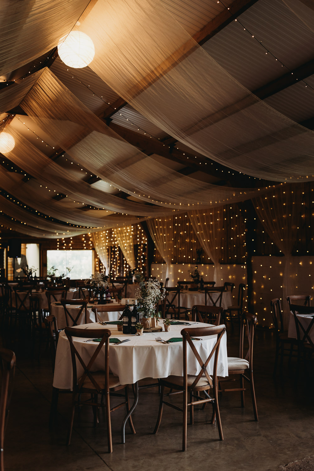 Barn Drapes Fairy Lights Round Tables Decor Milton Keynes Wedding Thyme Lane Photography