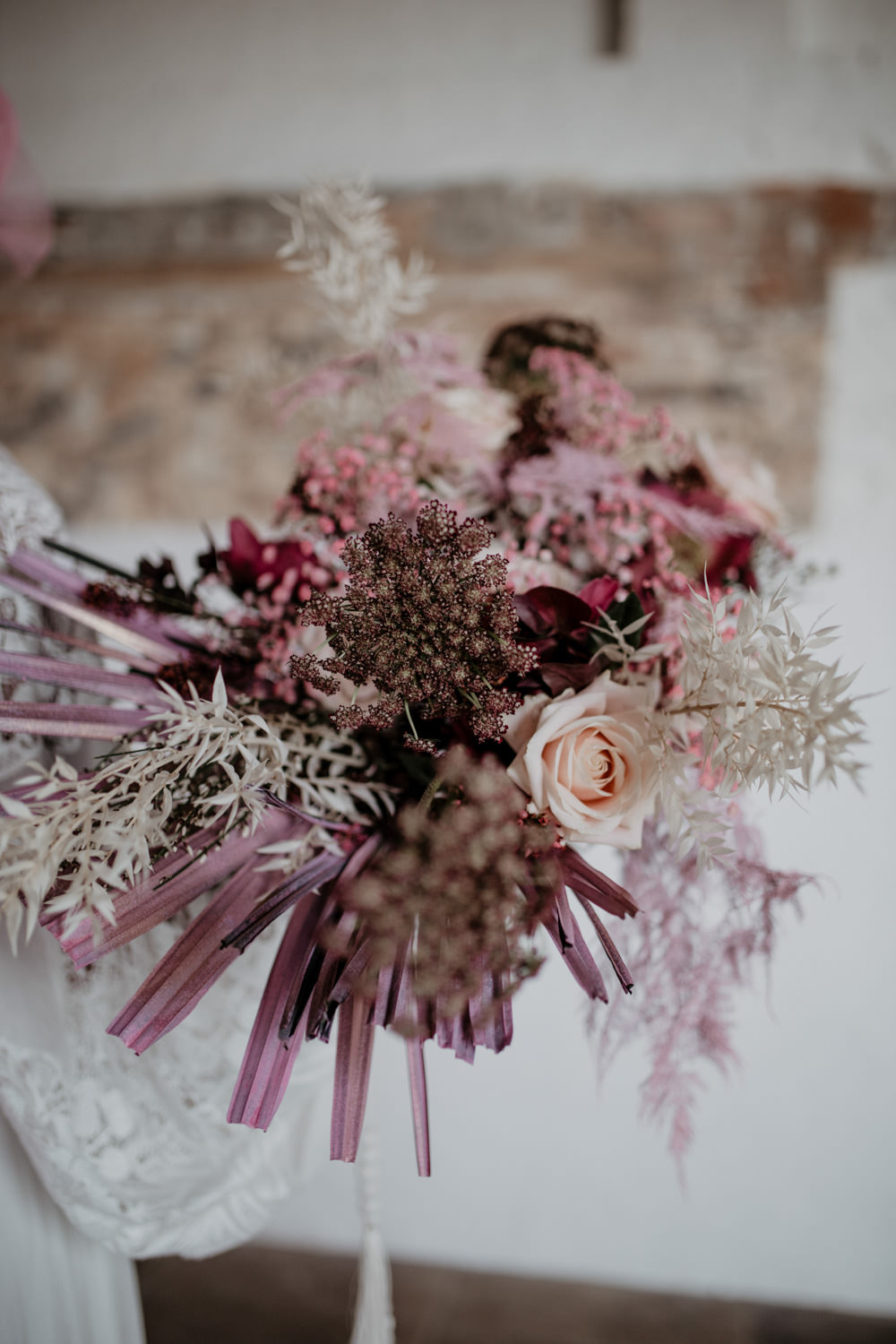 Bouquet Flowers Bride Bridal Rose Palm Gypsophila Modern Pink Wedding Camilla Andrea