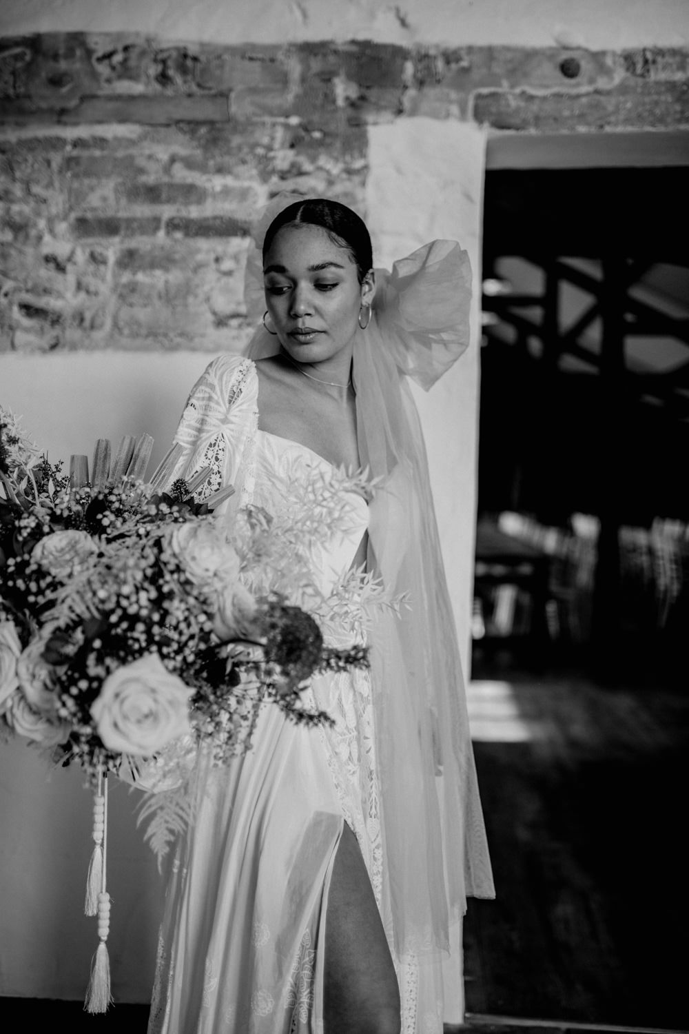 Bride Lace Long Sleeve Open Back Gown Dress Bridal Bow Veil Modern Pink Wedding Camilla Andrea