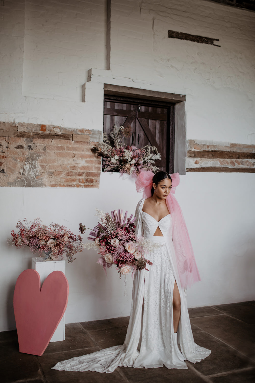 Bride Lace Long Sleeve Open Back Gown Dress Bridal Bow Veil Modern Pink Wedding Camilla Andrea