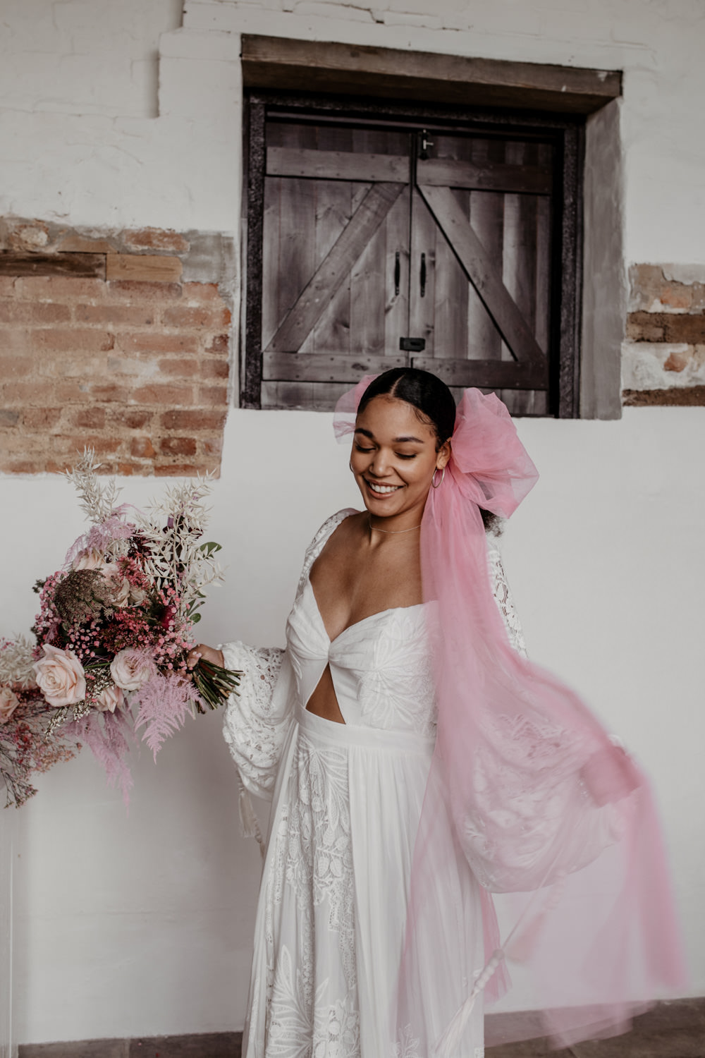 Bride Lace Long Sleeve Open Back Gown Dress Bridal Bow Veil Modern Pink Wedding Camilla Andrea