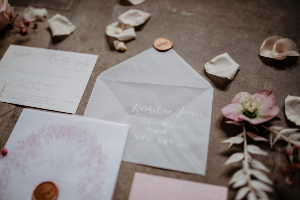 Stationery Invite Grey Wax Seal Ribbon Envelope Modern Pink Wedding Camilla Andrea