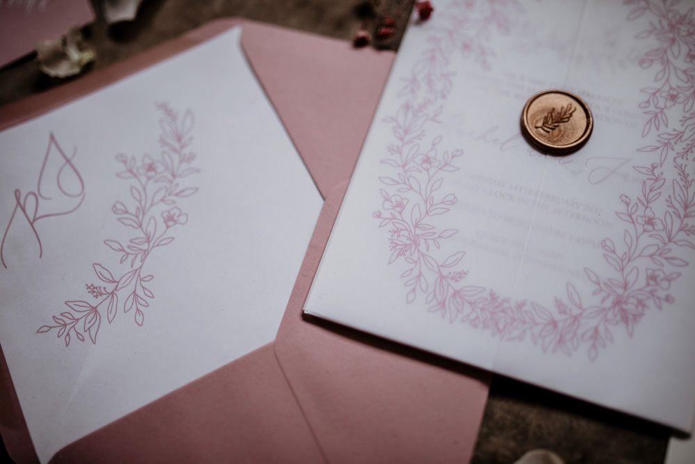 Stationery Invite Grey Wax Seal Ribbon Modern Pink Wedding Camilla Andrea