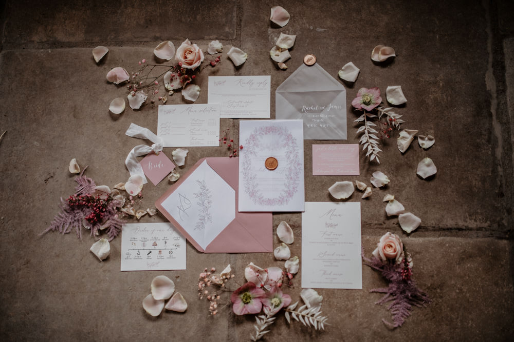 Stationery Invite Grey Wax Seal Ribbon Modern Pink Wedding Camilla Andrea