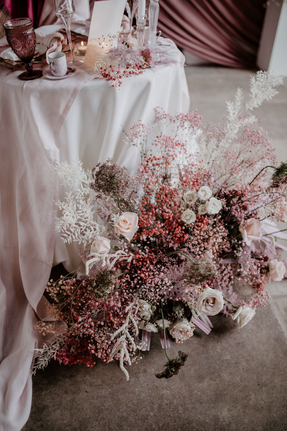 Table Floor Flowers Rose Palm Gypsophila Modern Pink Wedding Camilla Andrea