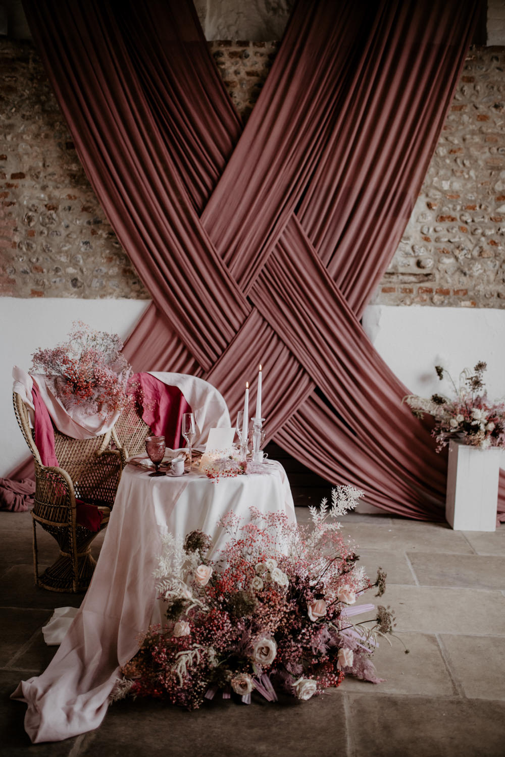 Sweetheart Table Decor Flowers Candles Fabric Napkins Modern Pink Wedding Camilla Andrea